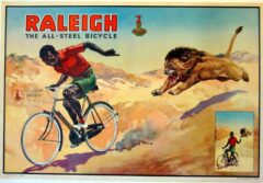 Lion chasing cyclist, Raleigh bikes